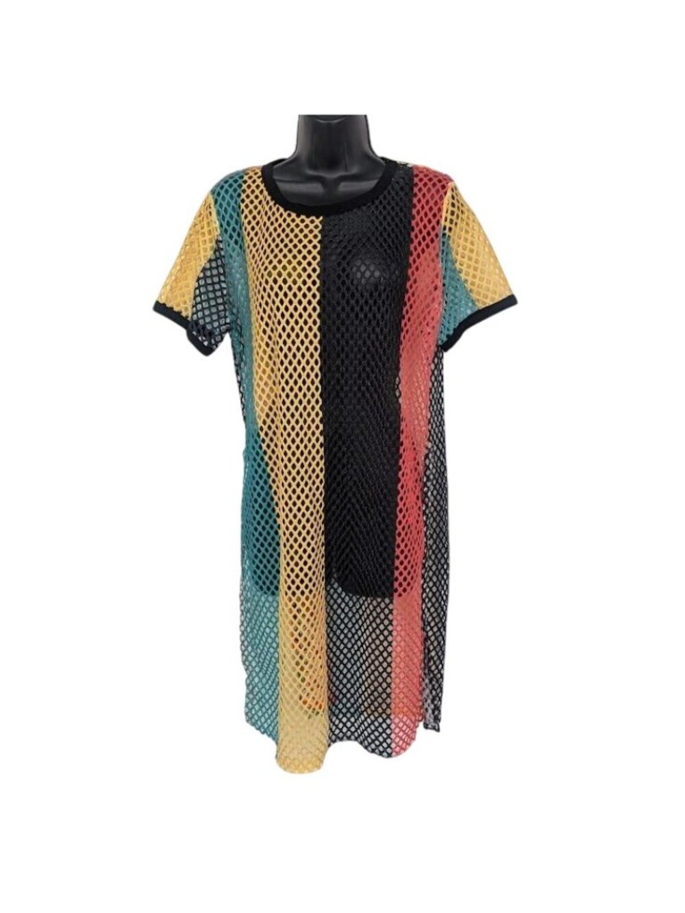 Mesh Fishnet Cover Up Mini Dress Colorblock Festival Rave Resort Vacation Plus 1